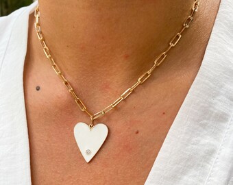 Gold Filled Heart Necklace White Heart Necklace Gold Heart Necklace Gold Paperclip Chain Necklace
