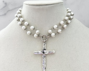 Pearl Cross Necklace Vintage Porcelain Glass Pearl Pearl Beaded Chain Religious Gold Cross Large Gold Cross Pendant Gold Cross Necklace