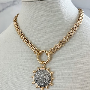 Gold Statement Necklace Gold Chunky Necklace Large Gold Coin Pendant XL ...
