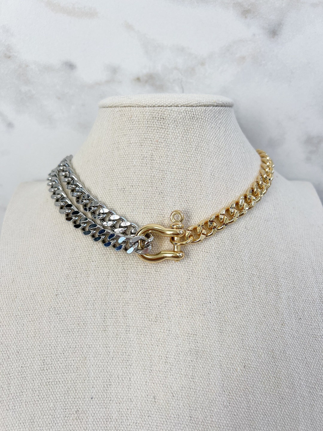 Thick Silver Chain Necklace Two Tone Double Chain Necklace Silver Cuban