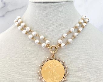 Vintage Angel Coin Necklace Porcelain Pearl Necklace Antiqued Coin Necklace Silver Vintage Coin Necklace Reproduction Coin Pendant