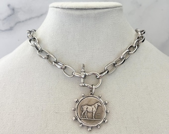 Silver Equestrian Coin Necklace Vintage Horse Coin Shackle Chain Necklace Large Carabiner Chain Necklace Vintage Stallion Jewelry