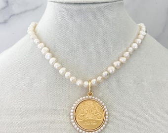 Vintage Rose Necklace Flower Coin Necklace Freshwater Pearl Pendant Necklace Gold Flower Medallion Pearl and Rose Necklace Cottagecore Jewel