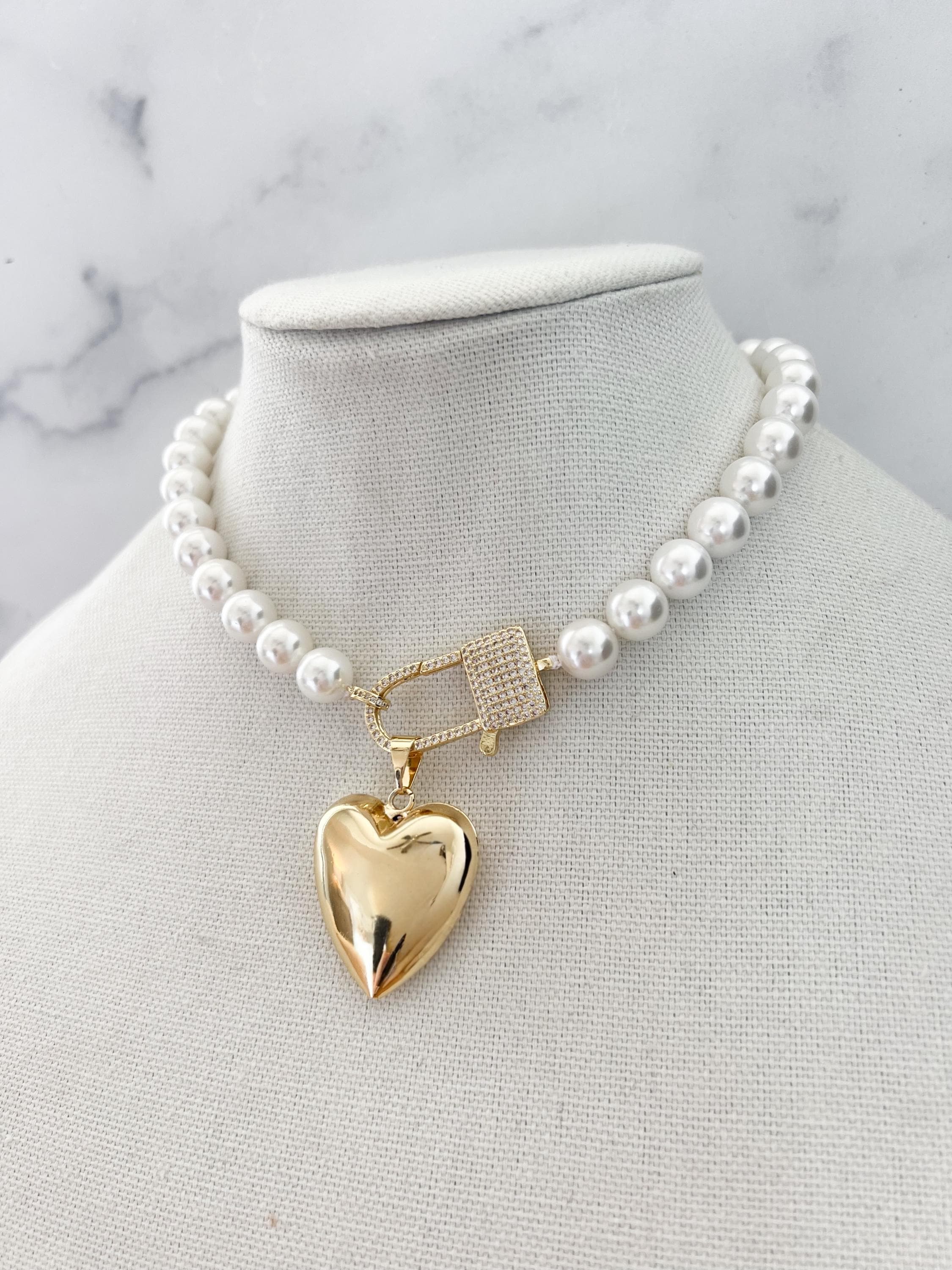 Gold Pearl Heart Choker Gold Puffy Heart Pendant Chunky Faux Pearl