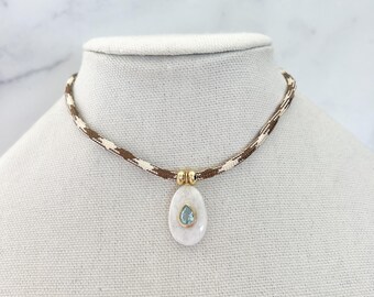 Gemstone Cord Necklace Rainbow Moonstone Paracord Necklace Pendant Necklace with natural Gemstone blue inlay Pendant Cord Choker Necklace