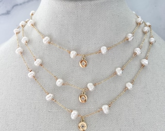 Pearl Chain Necklace Natural Pearl Station Necklace Dainty Pearl Chain Pearl Beaded Chain Gold Filled Pearl Chain Beaded Pearl Choker