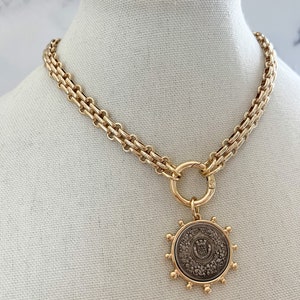 Gold Statement Necklace Gold Chunky Necklace Large Gold Coin Pendant XL ...