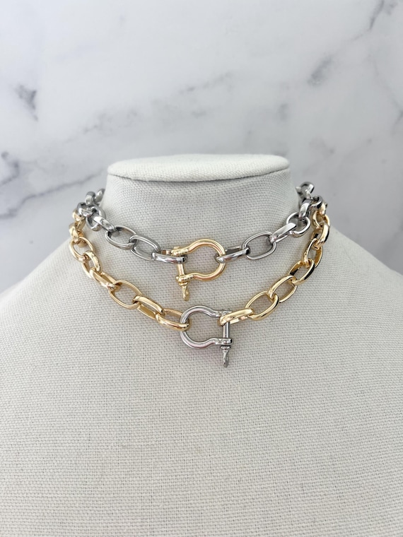 Gold Shackle Necklace Mixed Metal Chain Necklace Large Carabiner Necklace Horse Bit Chain Necklace Snaffle Bit Punk Chain Jewelry