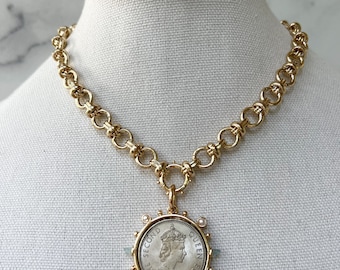 Gold Statement Necklace Gold Chunky Necklace Large Gold Coin Pendant XL Coin Pendant Gold Coin Necklace Vintage Coin Pendant for Jewelry