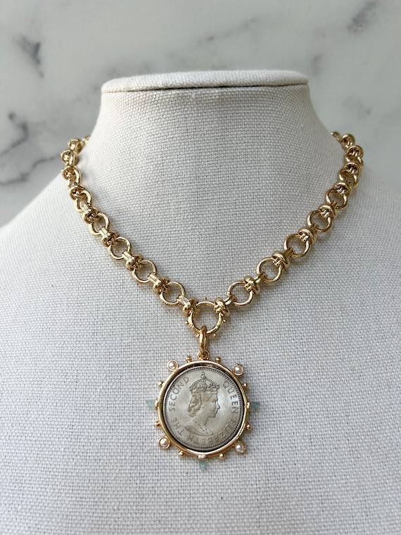 Large gold coin necklace deals