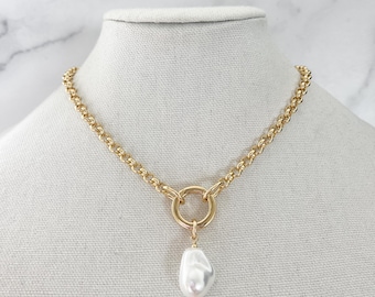 Baroque Pearl Rolo Chain Necklace Gold Spring Clasp Necklace Rolo Belcher Chain Necklace for Charms Large Pearl Chain Jewelry Beach Chain