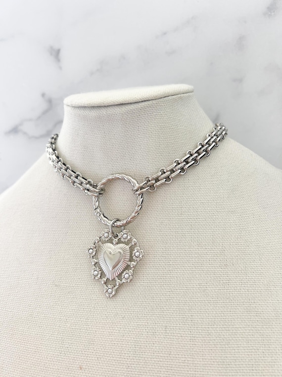 Enautoabs Boho Love Cuore Ciondolo Collana Argento Grande Cuore Collana Chunky Love Choker Collane Vintage Love Lunga Catena Collane Gioielli per Le Donne