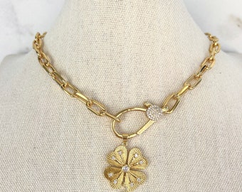 Gold Clover Charm Necklace Lucky Gold Charm Necklace Gold Extended Clip Custom Charm Necklace Clover Charm Necklace Gold Lucky Jewelry