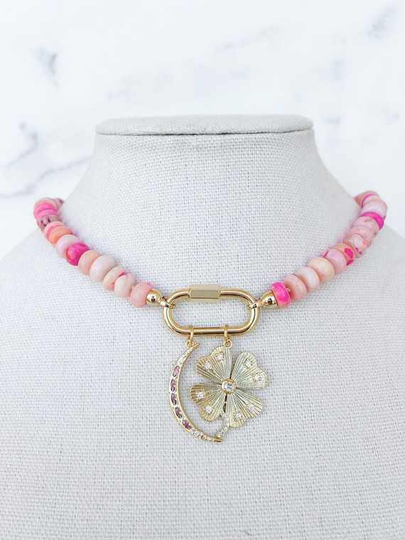 Pink Opal Necklace Pink Beaded Necklace Pink Choker for girls Large Carabiner Necklace with Charms Custom Beaded Charm Necklace