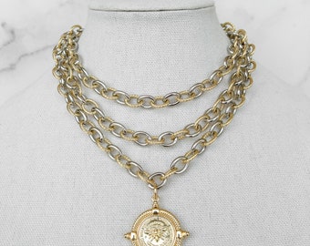 Halskette mit gemischten Metallen, zweifarbige Gliederkette, goldene Seilkette, Halskette mit goldener Biene, große Halskette mit Biene-Anhänger, Gold und Silber