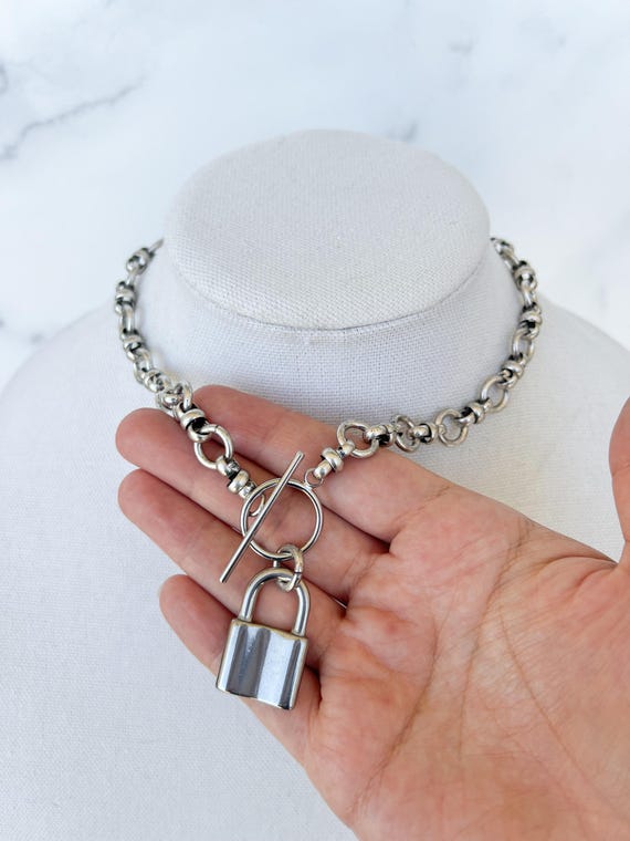 Silver Lock Necklace Silver Chunky Chain Jewelry Silver