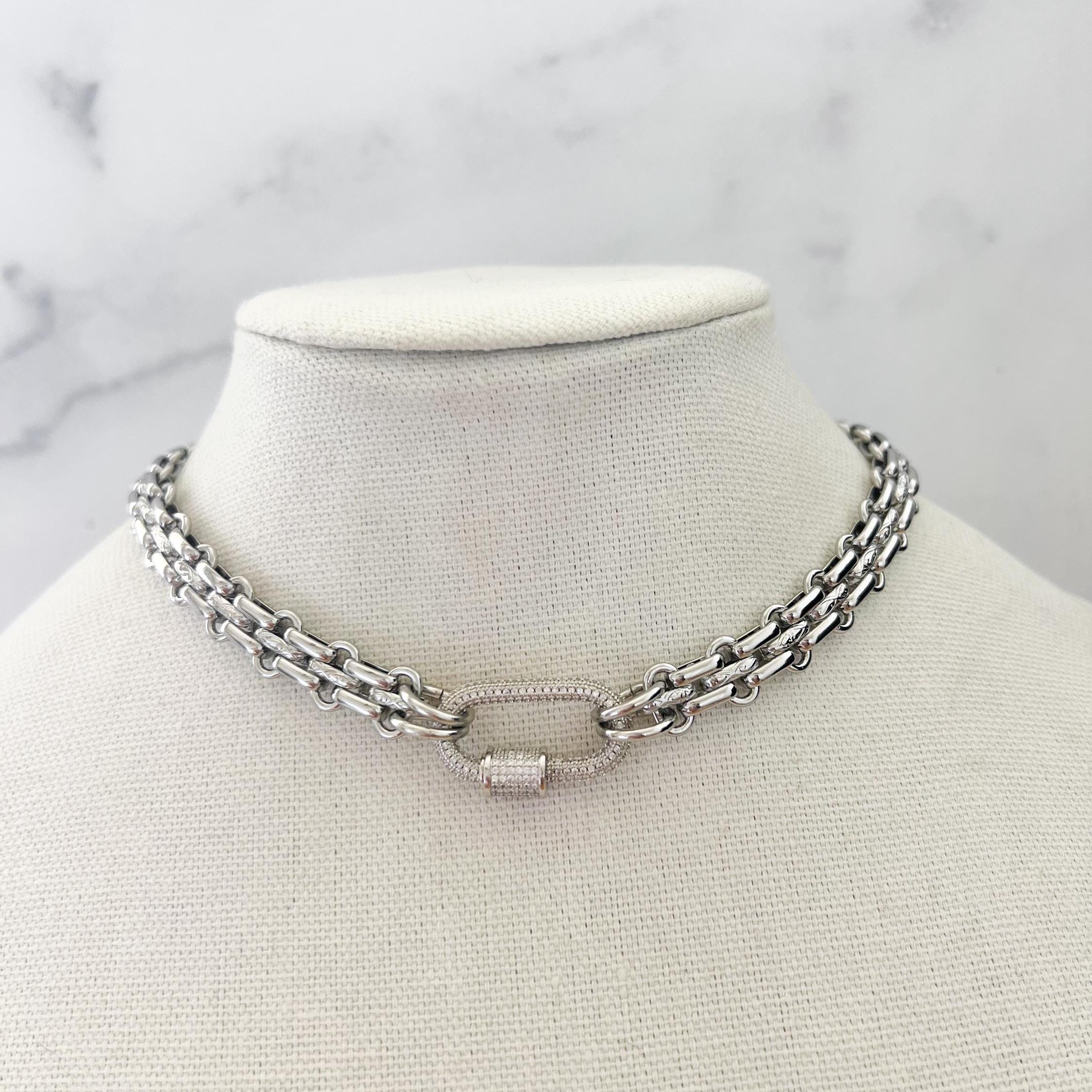 Silver Carabiner Necklace Chunky Silver Necklace Multilink Silver Chain Necklace Silver Pave Carabiner Necklace Silver Link Chain Necklace