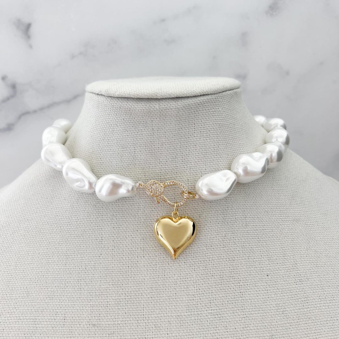 Long Necklace with Large Heart Pendant in Pearl White main image 1
