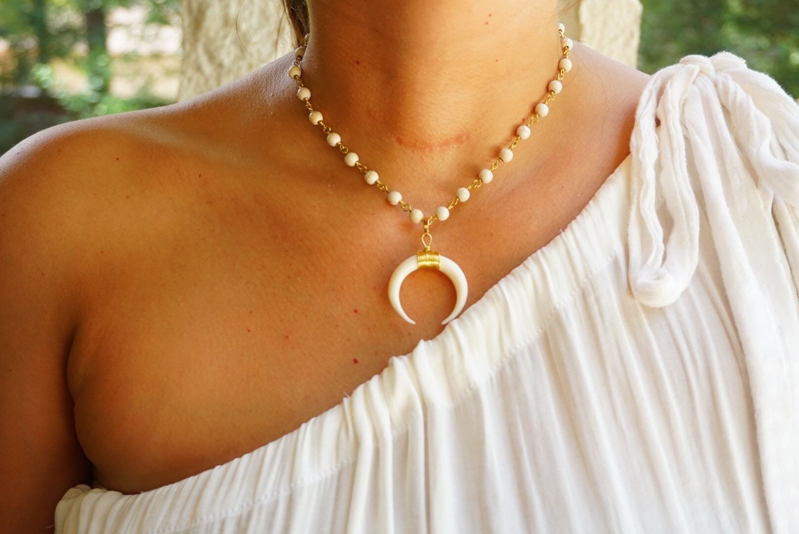 White Horn Necklace White Beaded Necklace Turquoise Beaded Necklace W…