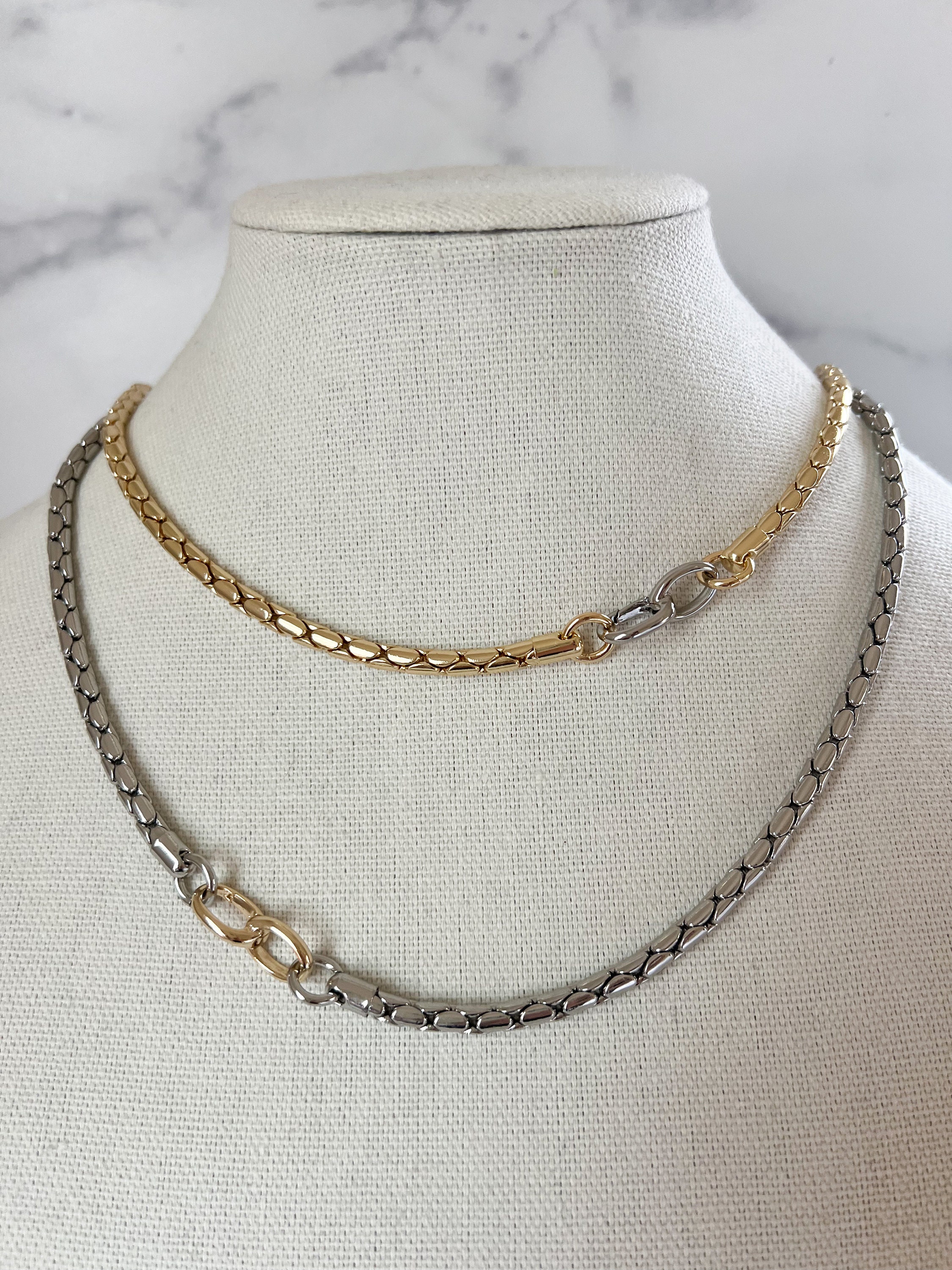 【2plan】24SS★ [MADE] 050 Buckle Twin Chain Necklace Two Tone Chunky Chain Necklace Silver and Gold Necklace