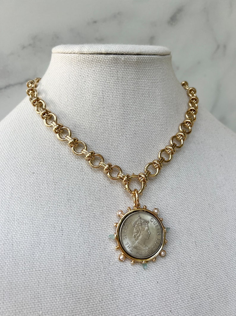 Gold Statement Necklace Gold Chunky Necklace Large Gold Coin Pendant XL Coin Pendant Gold Coin Necklace Vintage Coin Pendant for Jewelry zdjęcie 3