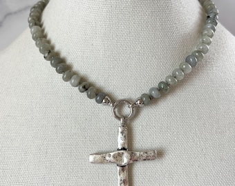 Silver Cross Necklace Gemstone Cross Necklace Beaded Cross Jewelry Religious Necklace Large Cross Pendant Silver Cross Pendant
