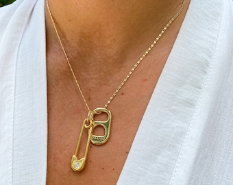 Soda Tab Necklace Gold Safety Pin Necklace Gold Filled Charm Necklace Gold Link Chain Necklace Dainty Gold Soda Tab Necklace Gold Filled