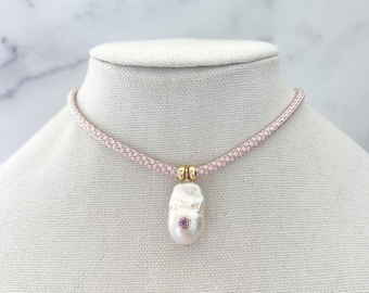 Gemstone Cord Necklace Baroque Pearl Paracord Necklace Pendant Necklace with natural Gemstone Sapphire inlay Pendant Cord Choker Necklace