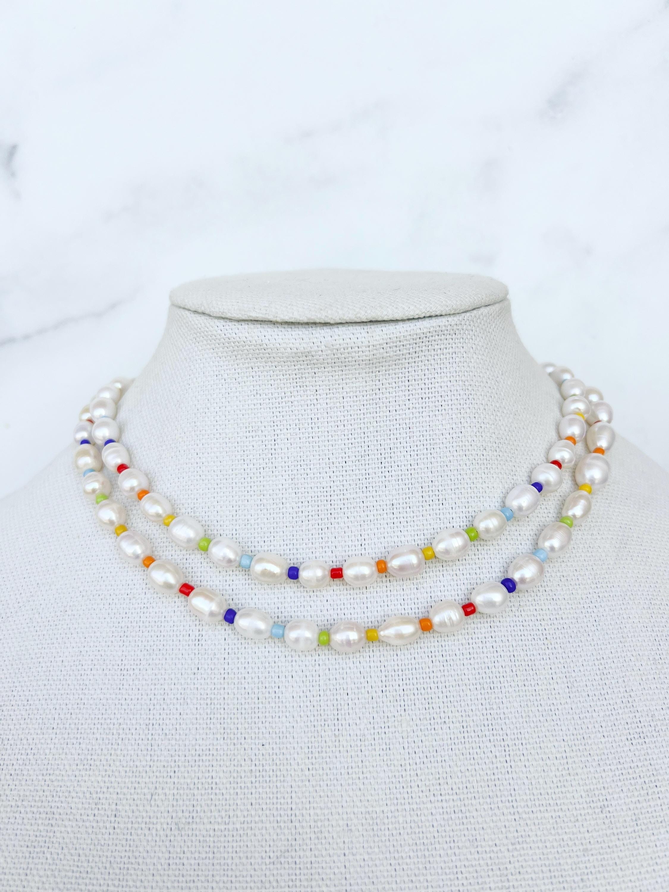 Rainbow Beaded Necklace Freshwater Pearl Necklace Colorful Pearl