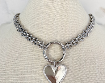 Silver Chunky Necklace Silver Chain Necklace Mixed Paperclip Link Chain Necklace Silver Heart Necklace Open Link for Charms