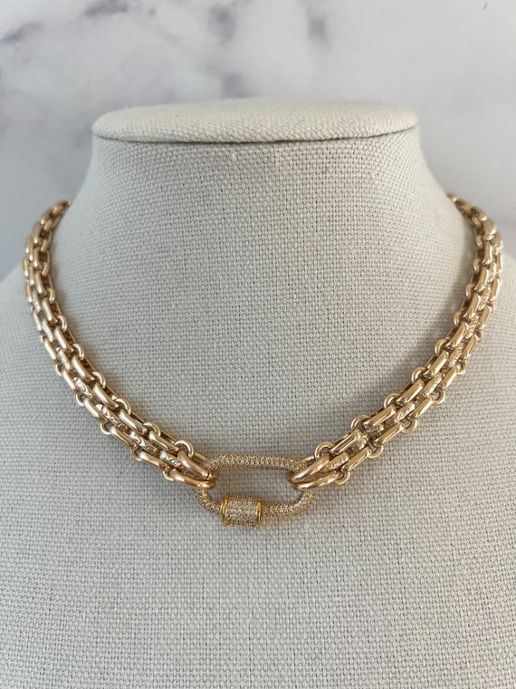 Gold Carabiner Necklace Chunky Gold Necklace Double Chain Gold Necklace  Gold Pave Carabiner Necklace Gold Link Chain Necklace Chunky Chain 