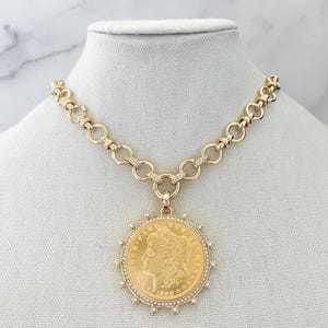 ヴィンテージコインネックレス、ゴールドステートメントネックレス、ゴールドチャンキーネックレス、ラージゴールドコインペンダント、XLコインペンダント、ジュエリー用ゴールドコインネックレス