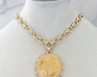 Vintage Coin Necklace Gold Statement Necklace Gold Chunky Necklace Large Gold Coin Pendant XL Coin Pendant Gold Coin Necklace for Jewelry