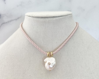 Gemstone Cord Necklace Baroque Pearl Paracord Necklace Pendant Necklace with natural Gemstone Sapphire inlay Pendant Cord Choker Necklace