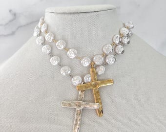Pearl Cross Necklace Vintage Porcelain Glass Pearl Pearl Beaded Chain Religious Silver Cross Large Gold Cross Pendant Silver Cross Necklace