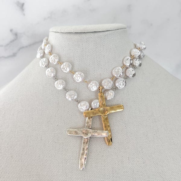 Pearl Cross Necklace Vintage Porcelain Glass Pearl Pearl Beaded Chain Religious Silver Cross Large Gold Cross Pendant Silver Cross Necklace