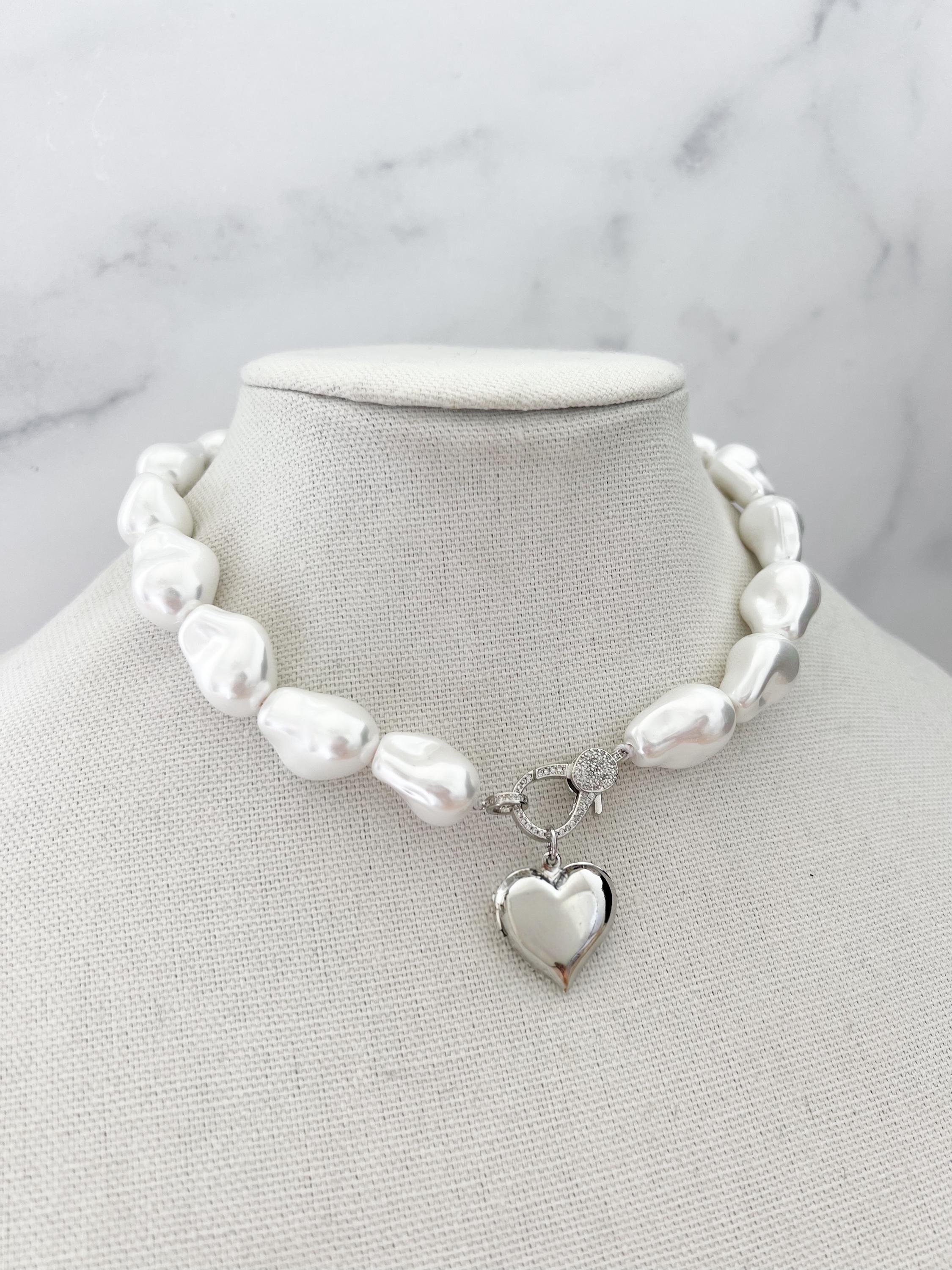 ★ENGBROX★ silver925 buddy heart pearl necklace EBNL25009 Big Pearl Necklace Big Heart Pendant Silver Heart Necklace