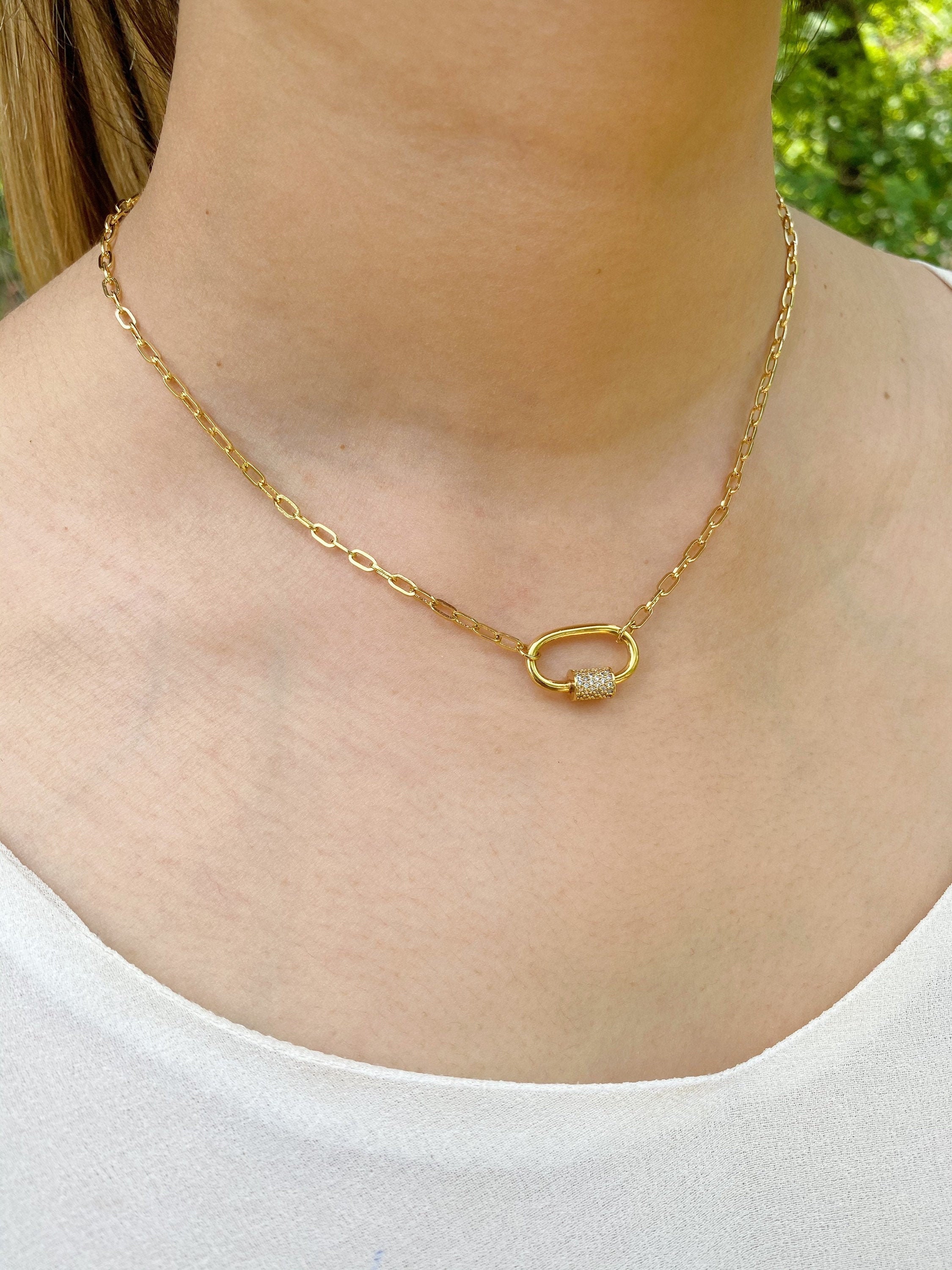 Gold Chain Link Necklace Crystal Pave 