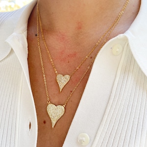 Pave Heart Necklace Set of Two Necklaces CZ Heart Necklace Mini Gold Heart Necklace Crystal Heart Necklace Mini Heart Necklace Heart Jewelry