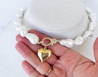 Big Pearl Necklace Big Heart Pendant Silver Heart Necklace