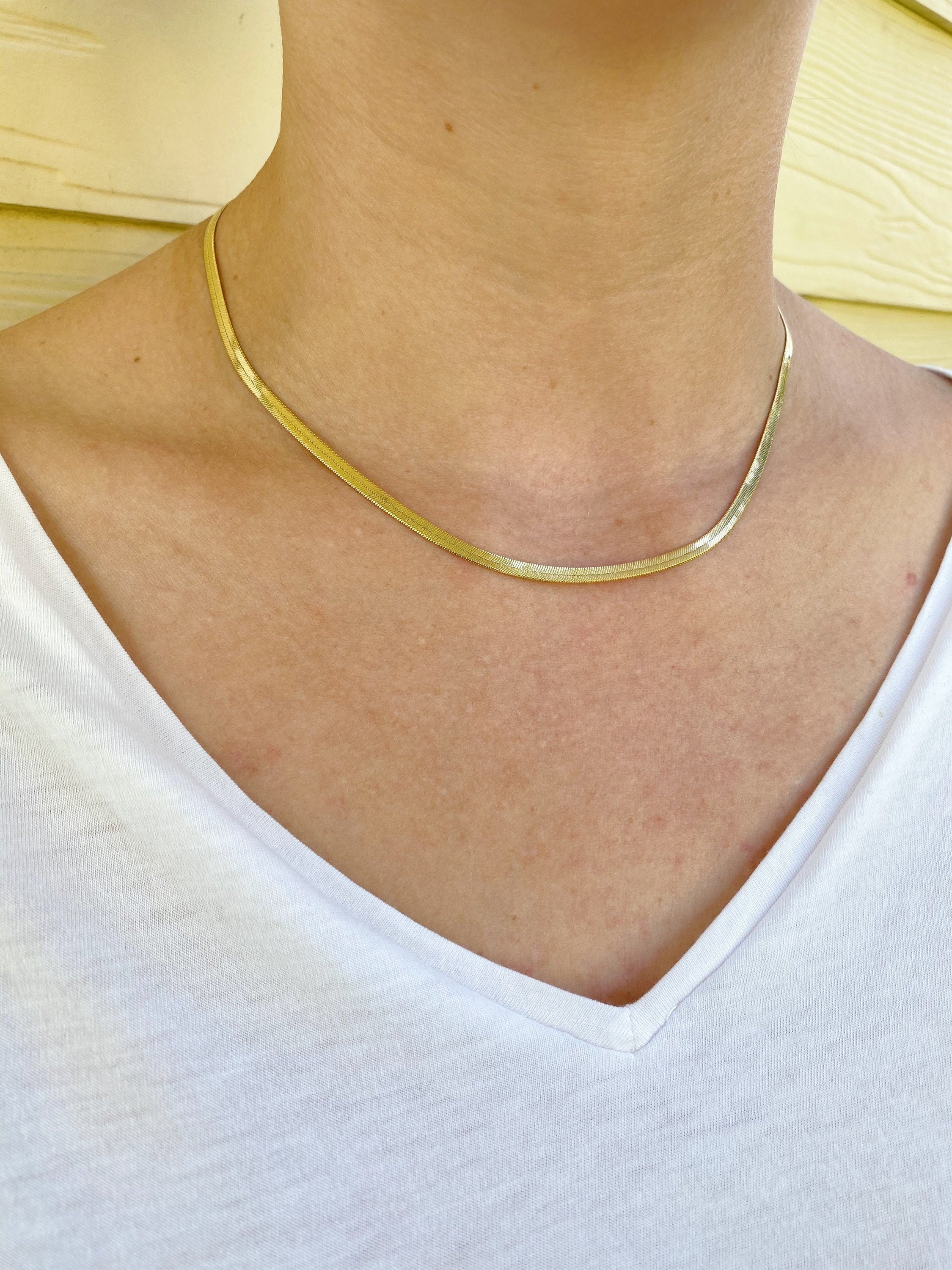 Snake Chain Necklace Herringbone Necklace Flat Gold Chain Necklace Sn…