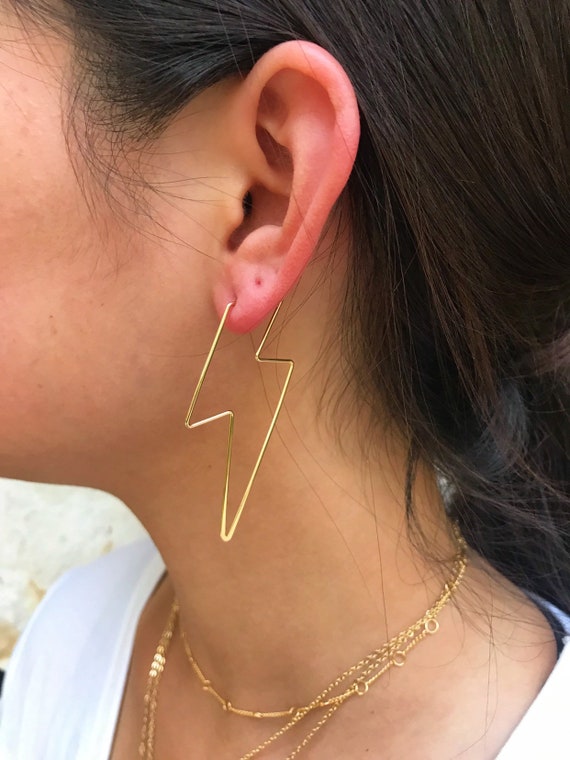 Gold Lightning Bolt Earrings Statement Bolt Earrings Gold Dainty Earrings Bolt Earrings Lightning Earring Large Bolt Earrings Zig Zag Hoops Etsy