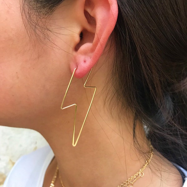 Gold Lightning Bolt Earrings Statement Bolt Earrings Gold Dainty Earrings Bolt Earrings Lightning Earring Large Bolt Earrings Zig Zag Hoops