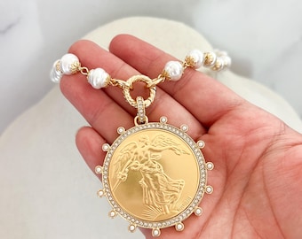 Vintage Ängel Mynt Halsband Porslinspärlhalsband Antik Mynt Halsband Silver Vintage Mynt Halsband Reproduktion Mynthänge