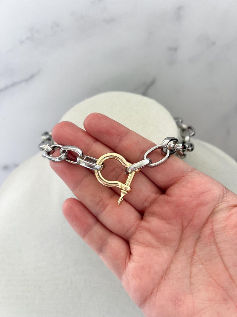 Puede incluir: Un collar de cadena plateada con un cierre dorado. El collar se exhibe sobre una superficie blanca. El cierre tiene un dise&ntilde;o &uacute;nico, agregando un toque de elegancia a la joya.
