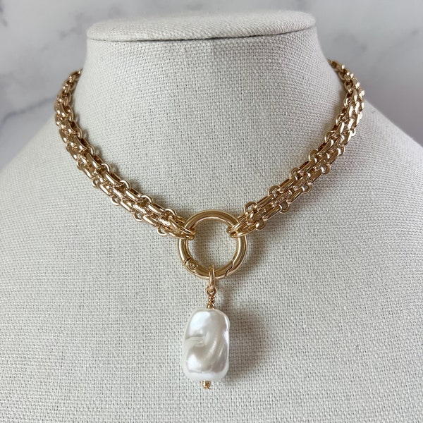 Baroque Pearl Necklace Gold Pearl Necklace Link Chain Necklace Large Pearl Necklace XL Pearl Charm Necklace Pearl Jewelry Freshwater Pearl