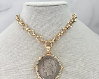 Large Vintage Coin Necklace Silver Liberty Dollr Pendant Vintage Gold Coin Necklace