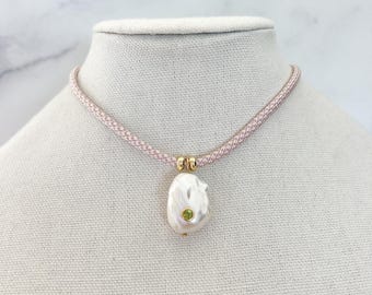 Gemstone Cord Necklace Baroque Pearl Paracord Necklace Pendant Necklace with natural Gemstone Sapphire inlay Pendant Cord Choker Necklace