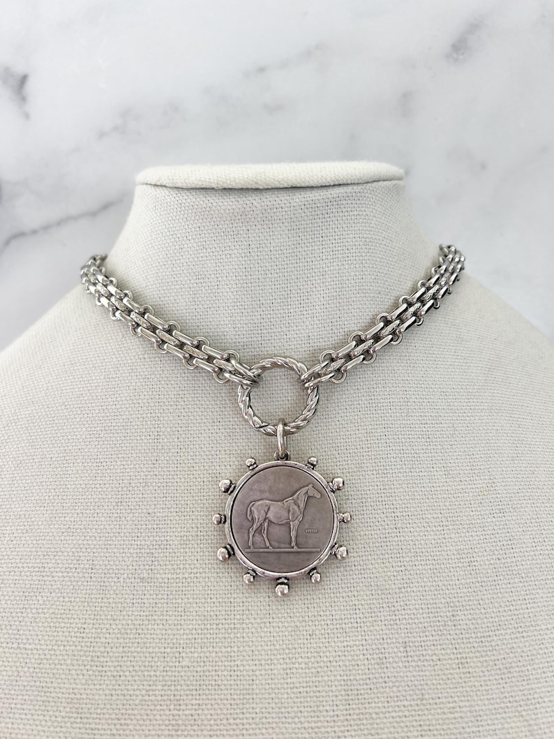 Gold Statement Necklace Gold Chunky Necklace Large Coin Pendant Gold Horse Coin Necklace Vintage Coin Pendant Equestrian Jewelry image 3