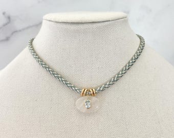 Moonstone Gemstone Necklace Inlay Stone Pendant Paracord Necklace Summer Cord Necklace Blue Cord Rope Necklace XL Pendant Statement Choker
